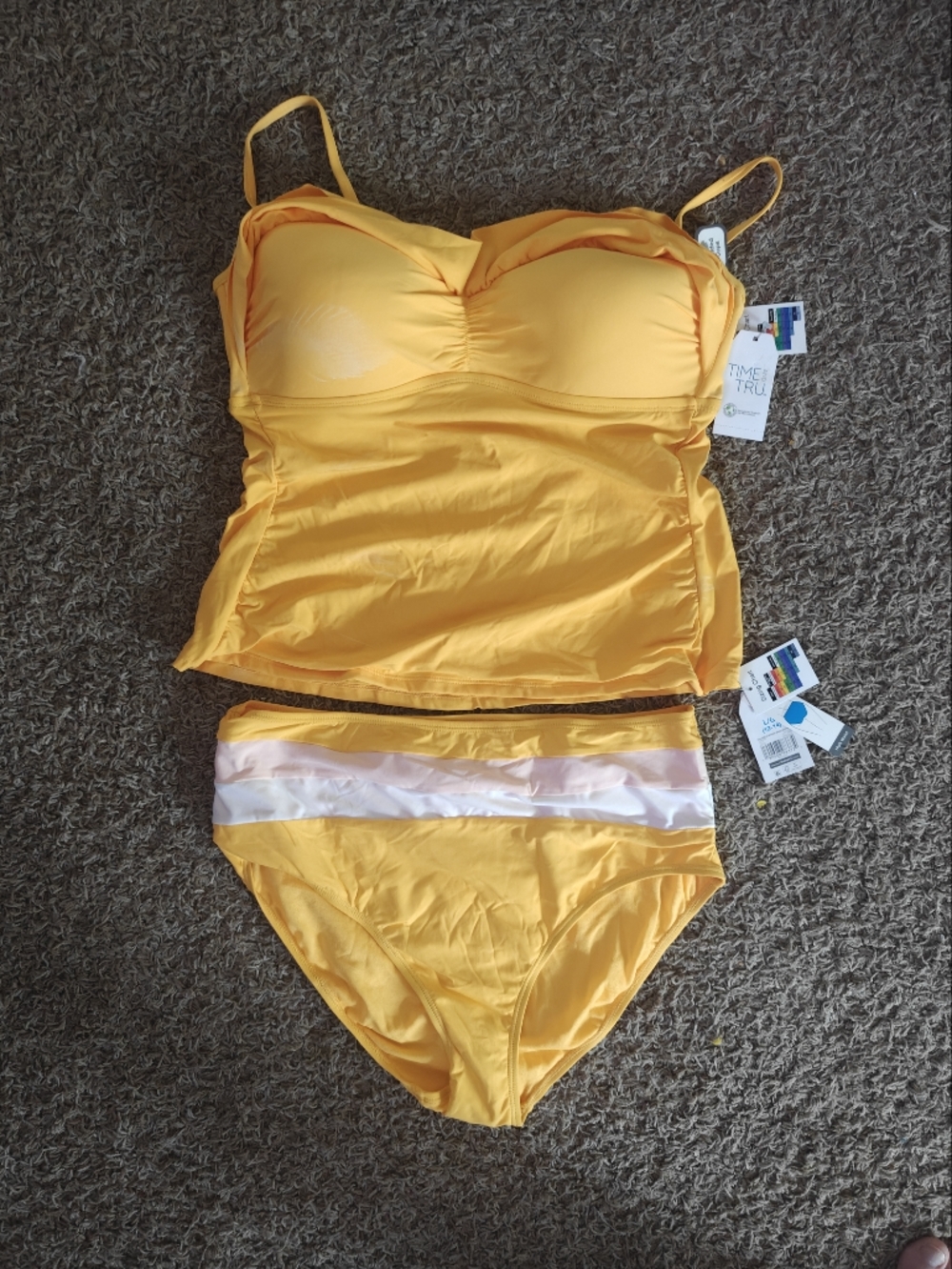 Time and Tru Yellow Women’s Tankini Swim Set with Pink and White Accent